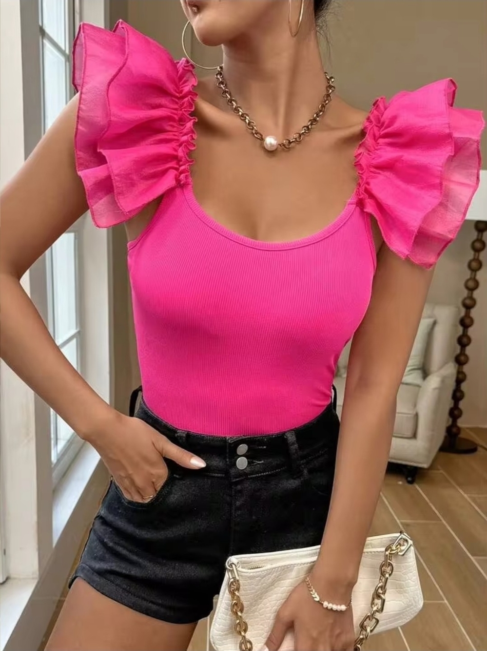 SHEIN Hot Pink Ribbed Ruffle Sleeves Statment Crop Top One Size